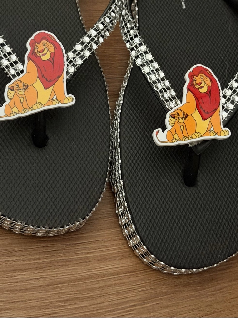 Black Rhinestone Flip Flops with Lion Cartoon Charm